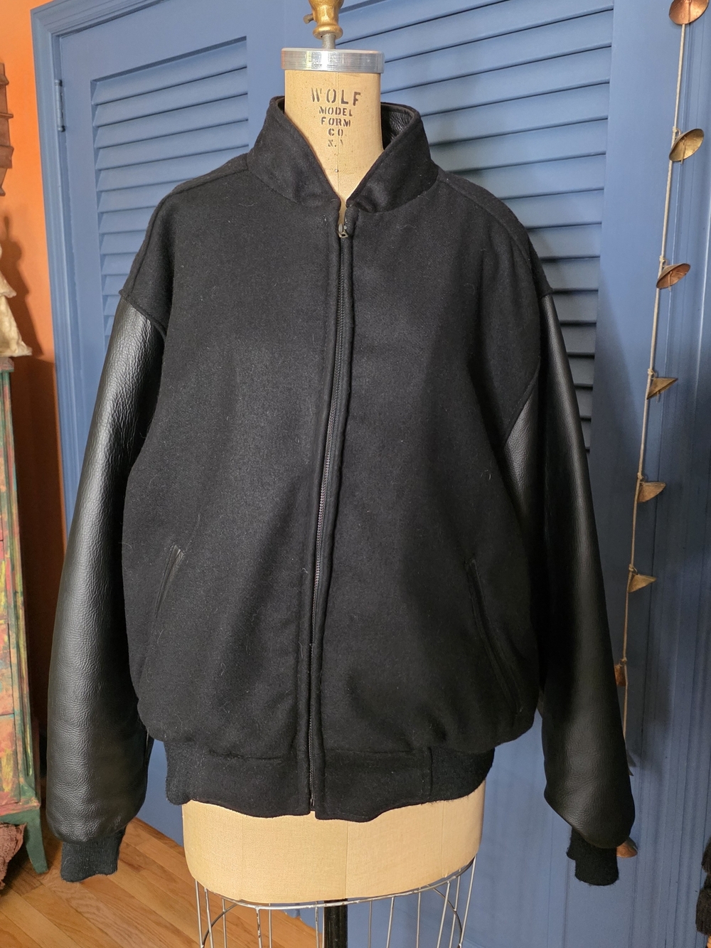 Black Men's Bomber Jacket with Leather Sleeves